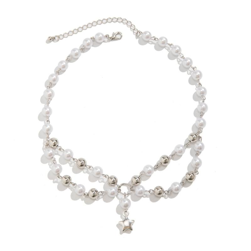 Fashionable Multilayer Star Charm Collar Necklace Adjustable Length Imitation Pearls Clavicle Chain Alloy Jewelry Gift