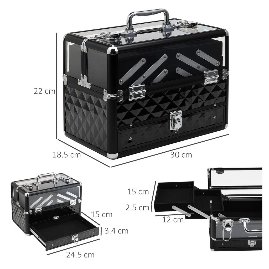 Professional Travel Makeup Case, Makeup Case with Removable Trays and Lock, Women's Travel Beauty Case, 30x18.5x22 cm, Black