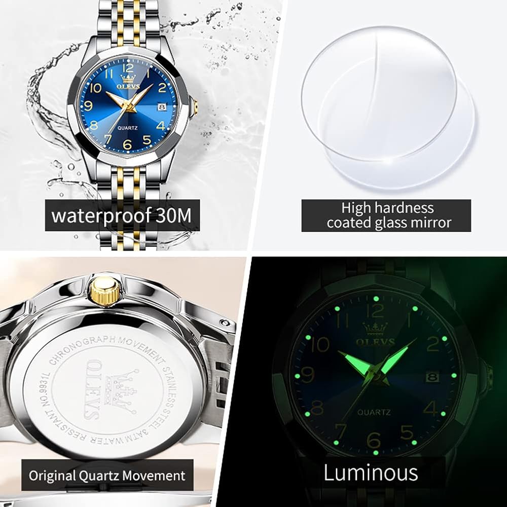 OLEVS Women's Fashion Dress Watch Analog Quartz Waterproof Stainless Steel Two-Tone Gold-Blue with Diamond and Date Display