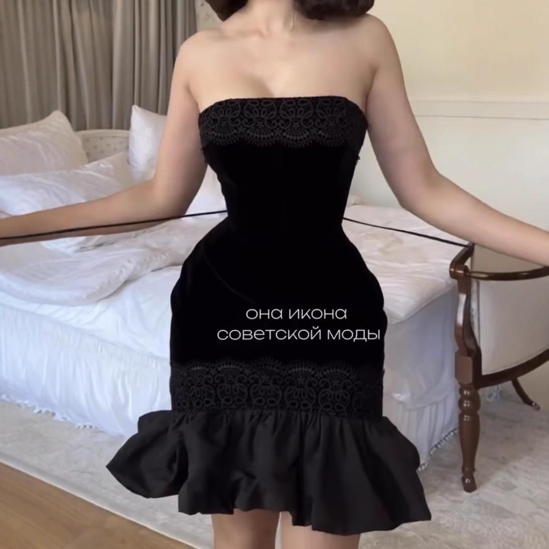 

2025 Black Velvet Strapless Evening Dress - Women s European & American Style Double Extra Large чорний