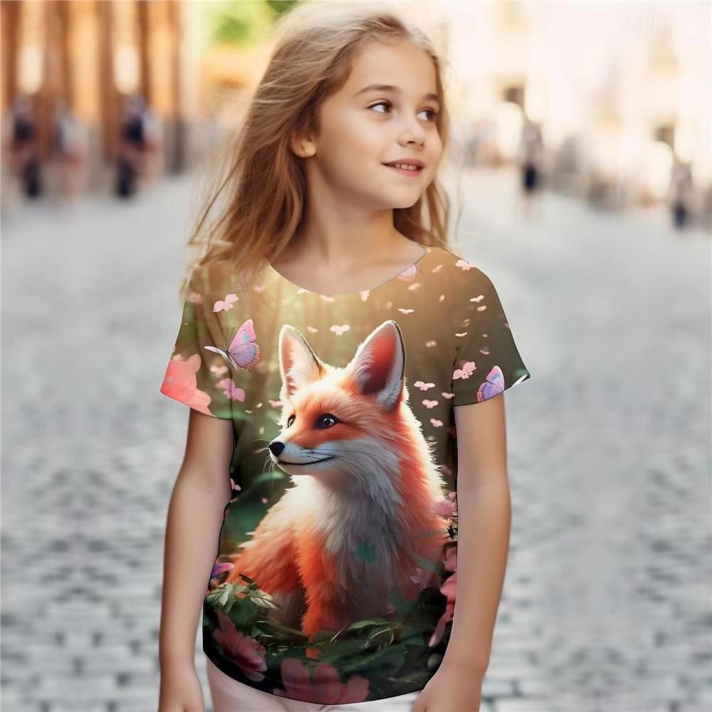 Female Child Clothes Print Animal Fox Cartoon Crew Neck Short Sleeves Graphic T Shirts Summer Fashions Outdoor T-Shirt for Girls