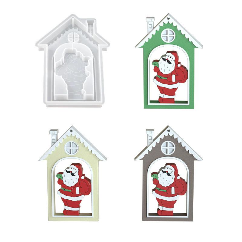 WTEMPO DIY Christmas Santa Claus Pattern House Design Mold Epoxy Resin Mold Scented Gypsum Display Stand Making Mold Hanging Pendent Silicone Mold