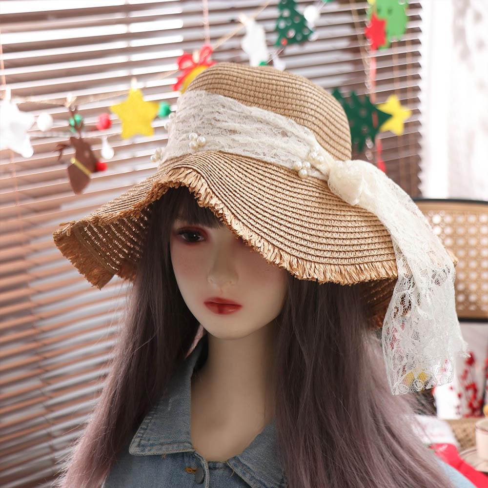 Spring Summer Lace Pearls Straw Hat French Style Women's Sun Hat Bow Ribbon Straw Hat Girls