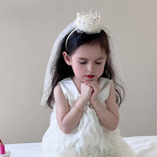 Girl Crown Headband with Sequins Imitation Pearls Princess-Style Crown Mesh Veil Toddler Princess Headpiece Baby Girl Photo Accessory