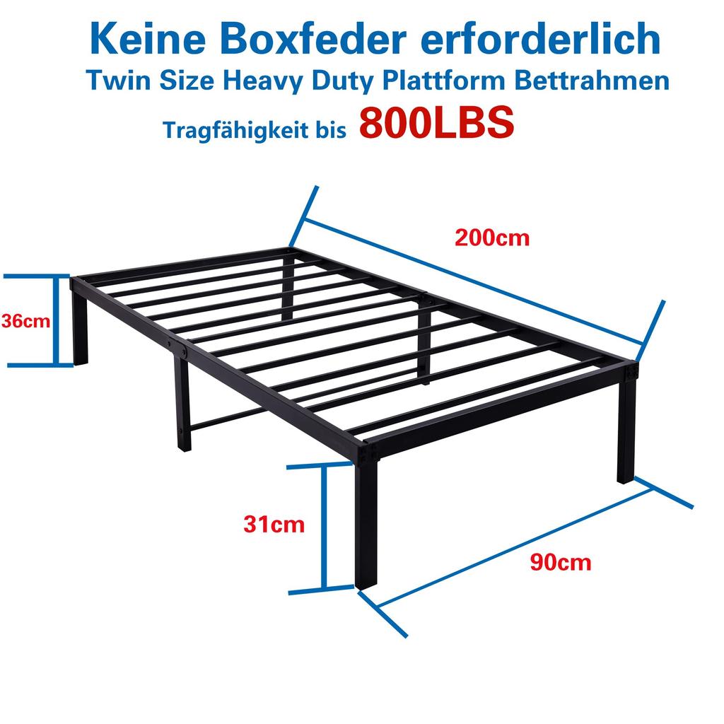 Bed Frame 90x200 Cm Metal, Sturdy Platform Bed with Headboard, Noiseless, Easy Assembly, No Box Spring Needed, Ideal for Couples & Guest Rooms