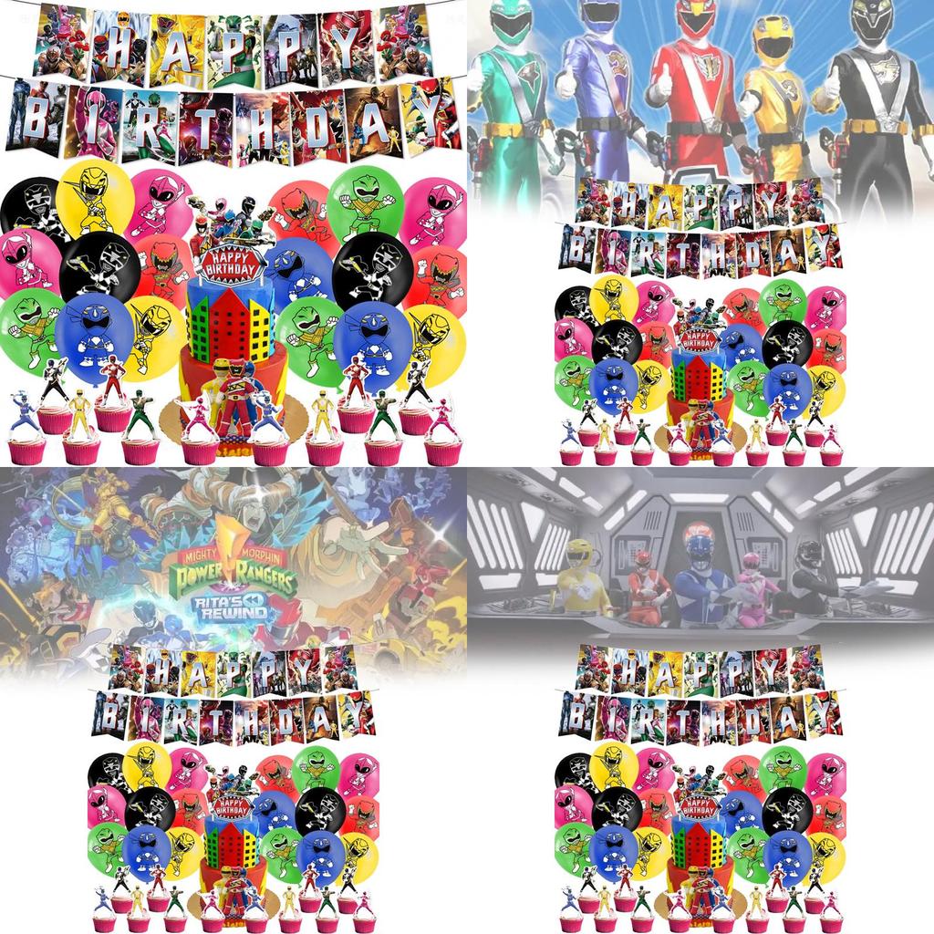 Decorazioni per Festa di Compleanno dei Mighty Morphin Power Rangers Con Palloncini a Tema Dinosauro e Bandierine per Torta Per Ragazzi