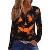 Women's Casual Halloween Print V-Neck Long Sleeve T-Shirt with Decorative Buttons