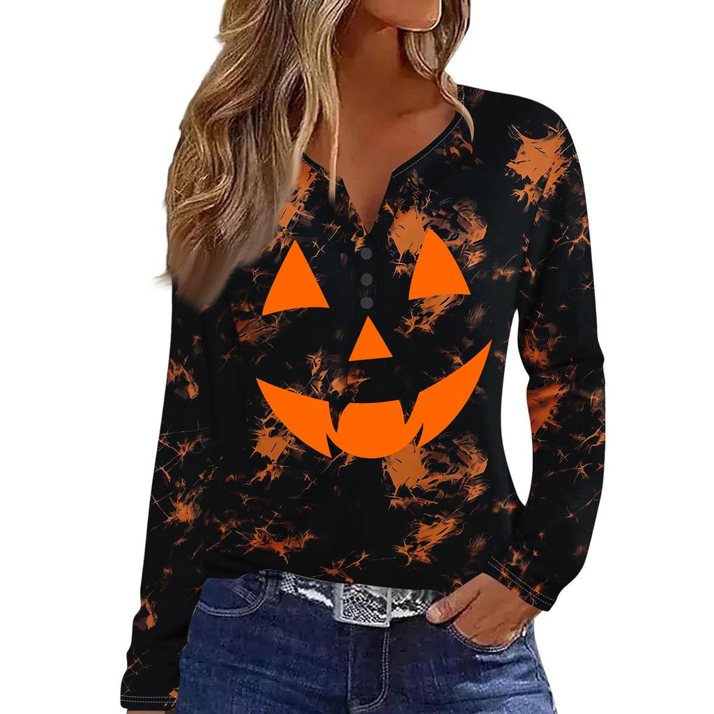 Women's Casual Halloween Print V-Neck Long Sleeve T-Shirt with Decorative Buttons