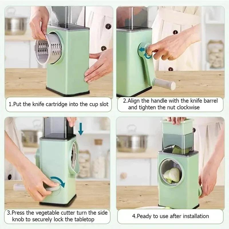 Kitchen Vegetable Chopper with 3 Sharp Drums Machine Rotary Hand Cranked Shredder Vegetable Cheese Slicer Household Kitchen Tool