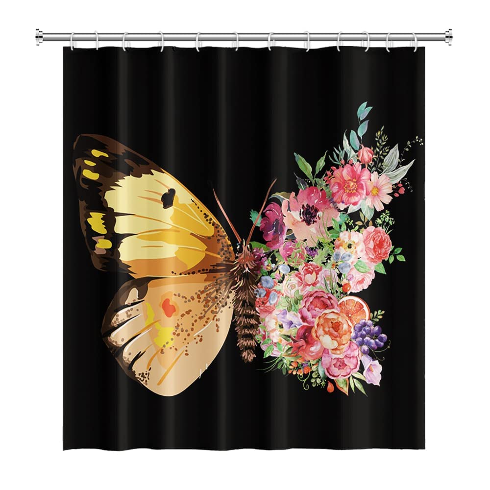 Gold Moth Shower Curtain Moon Phase Curtains For Bathroom Gothic Black Butterfly Moonlit Bath Curtain Psychedelic Bathroon Decor