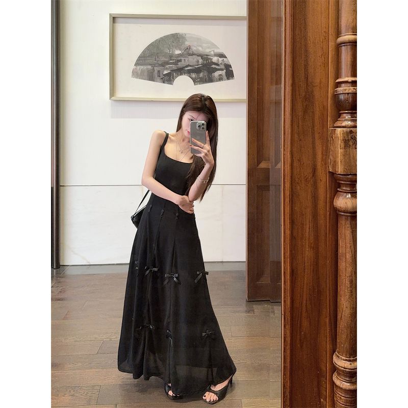 One Dress Wear More Sweet Style Blue Bow Suspenders Dress Women's Summer French Style Temperament Waist-Tight A- Line Dress