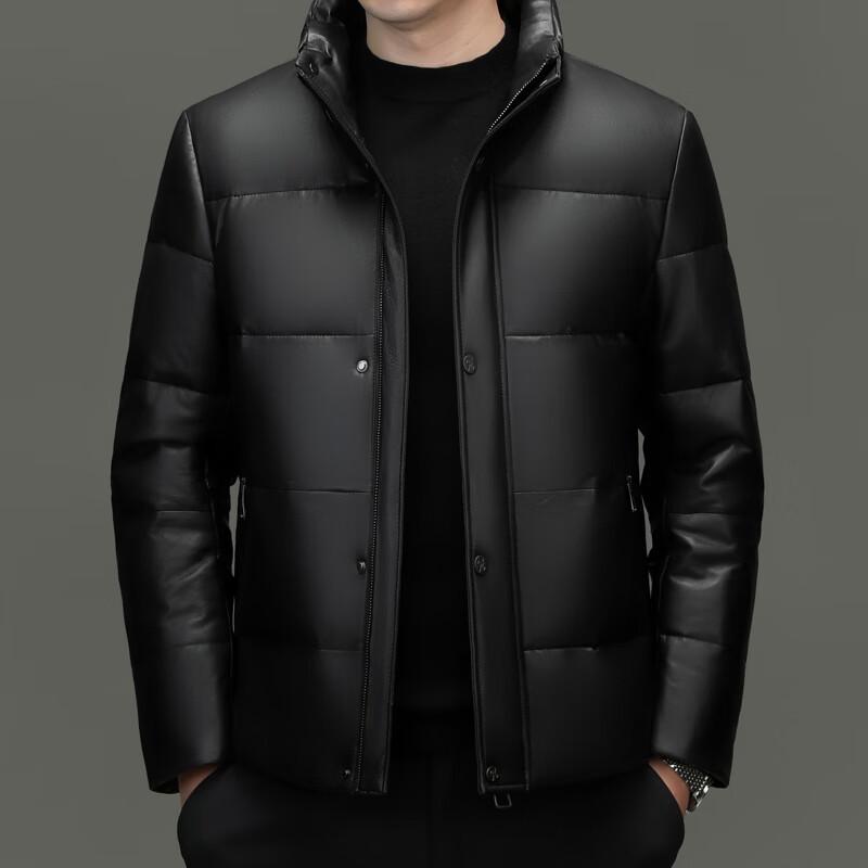 Yiliteng Men's Stand Collar Genuine Leather Goose Down Puffer Jacket