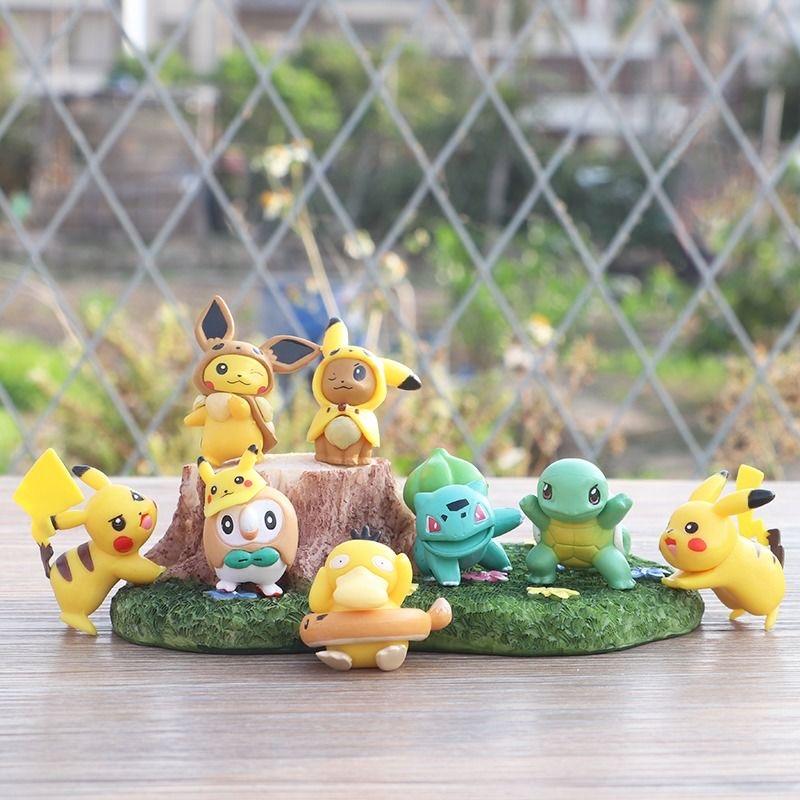 8PCS Pokemon Mini Figures Playthings Pikachu Psyduck Squirtle Bulbasaur Miniature Cake Succulents Ornaments Figure Props