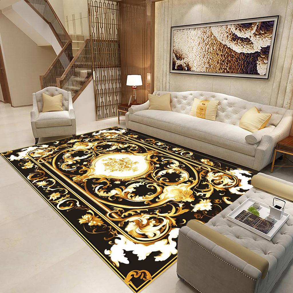 Goldener Schwarzer Teppich für Wohnzimmer Luxus Große Fläche Dekoration Bodenmatte Moderne Teppiche Rutschfest Weich Waschbar Schlafzimmer Lounge Teppich