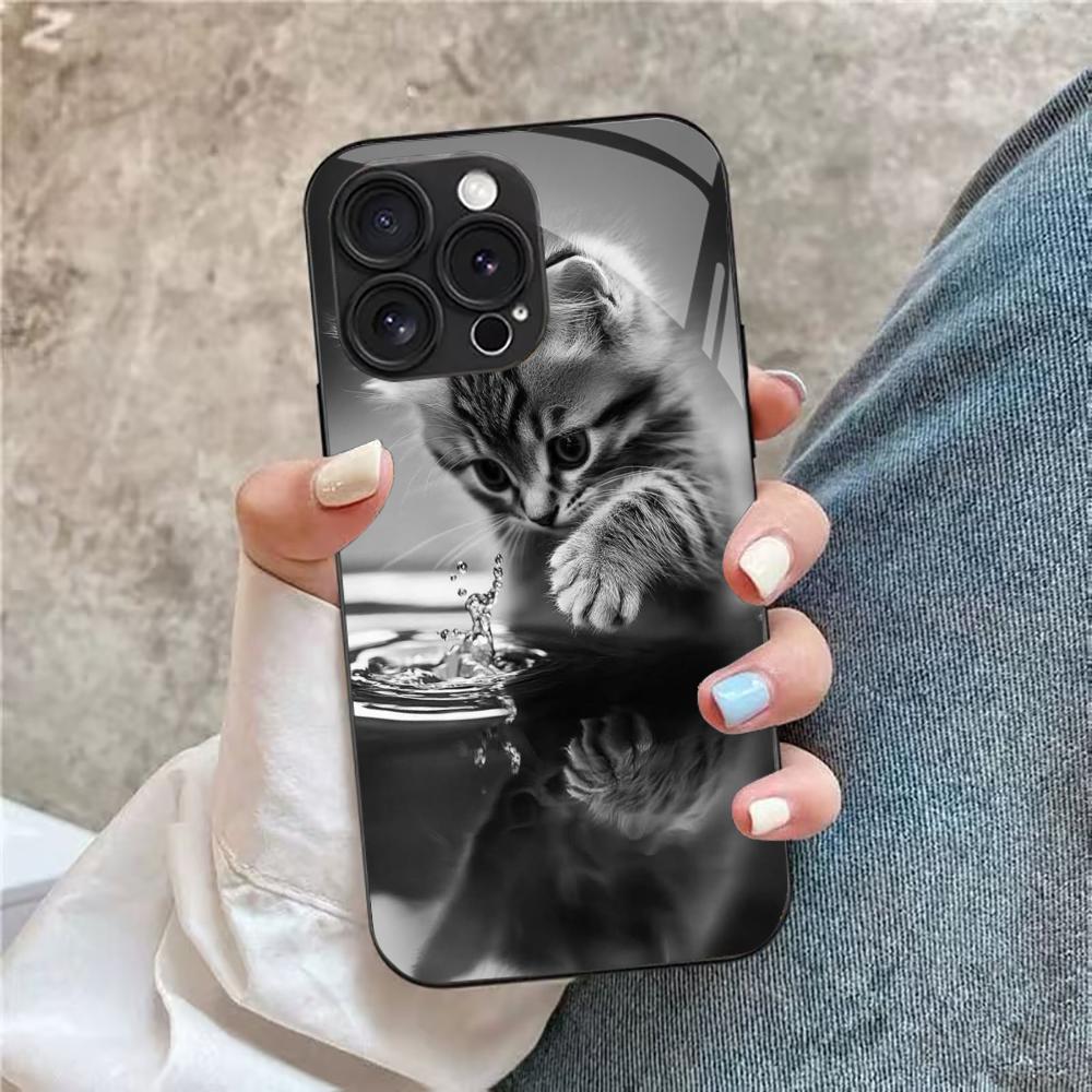 Black Cat Glass Phone Shell For iPhone 16 Plus 15 Pro 14 13 12 Pro Max Soft Silicone Shock Absorption Drop Proof Shell Case
