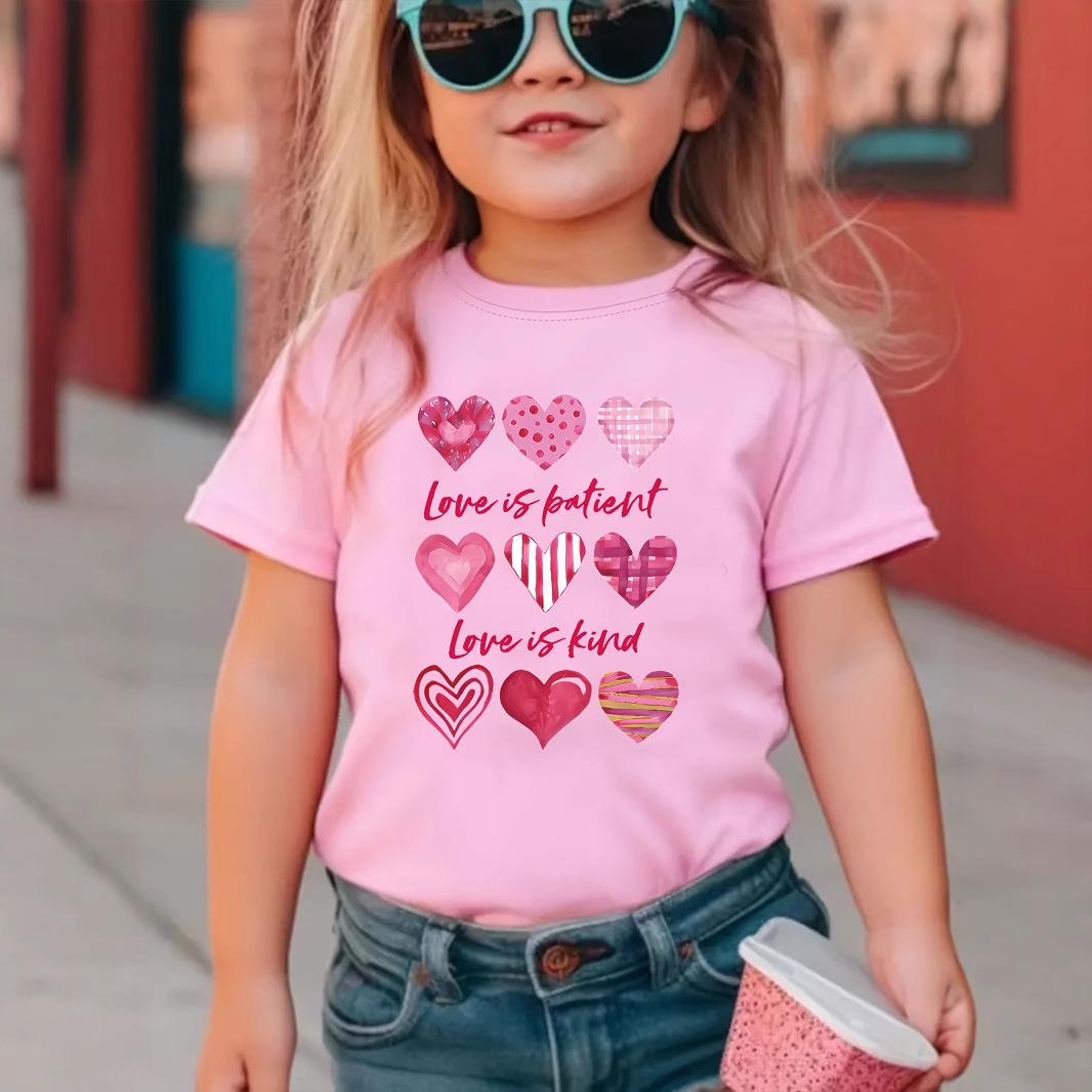 Girls  Casual Heart-patterned T-shirt for Summer, Children s Fashionable Short-sleeved T-shirt 3-4Y розовый