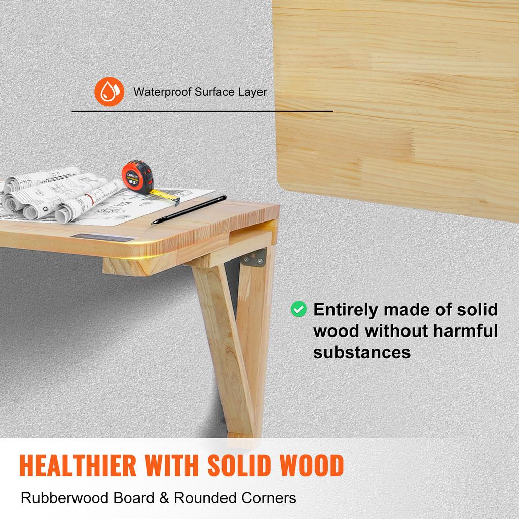SucceBuy Wall Mounted Folding Table Wooden Floating Desk with Shelf Bracket Drop Leaf for Home Office Kitchen Bar Space-Saving