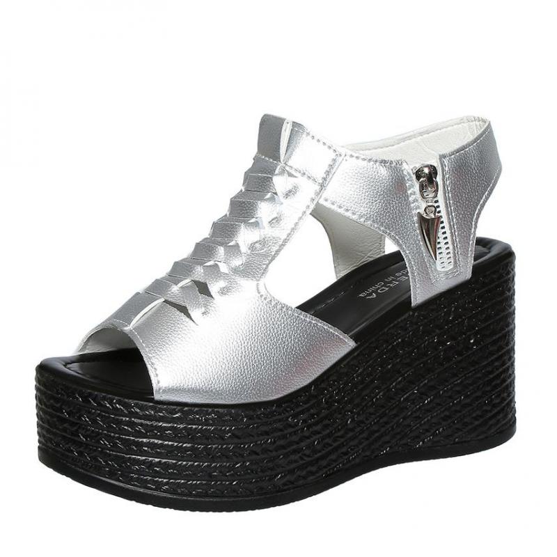 Fashion Women Gold Wedges Sandals Pu Leather Platform Thick Sole Sandals For Women High Heels Shoes Open Toe Med Heel Summer Beach Shoes