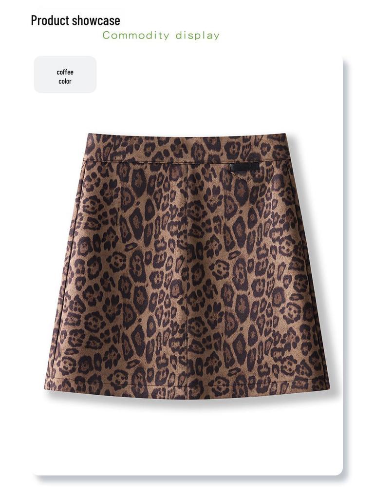 2024 Women's Khaki Suede Leopard Print Woolen Midi Skirt - New Autumn/Winter A-line Bodycon Design