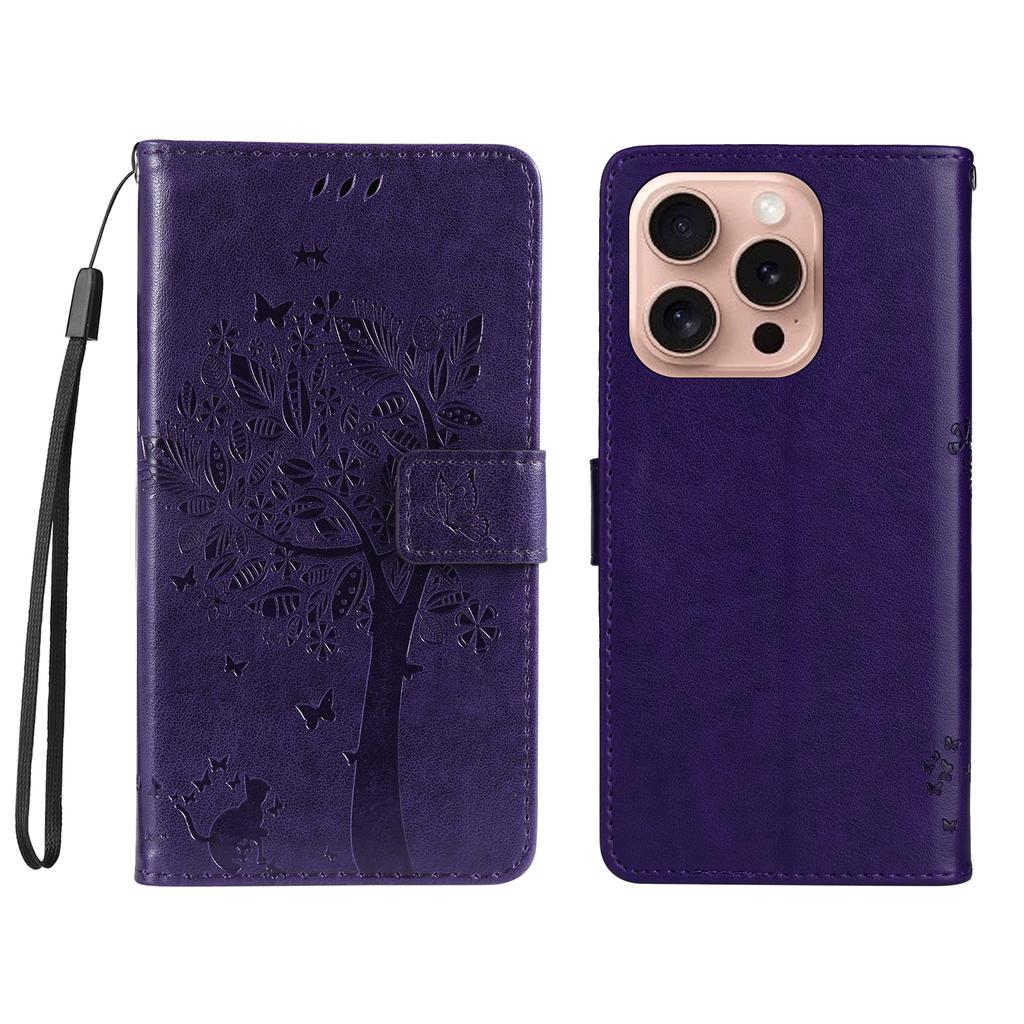 For iPhone 16 Pro Phone Case with Stand Cat Tree Pattern Leather Wallet Mobile Cover