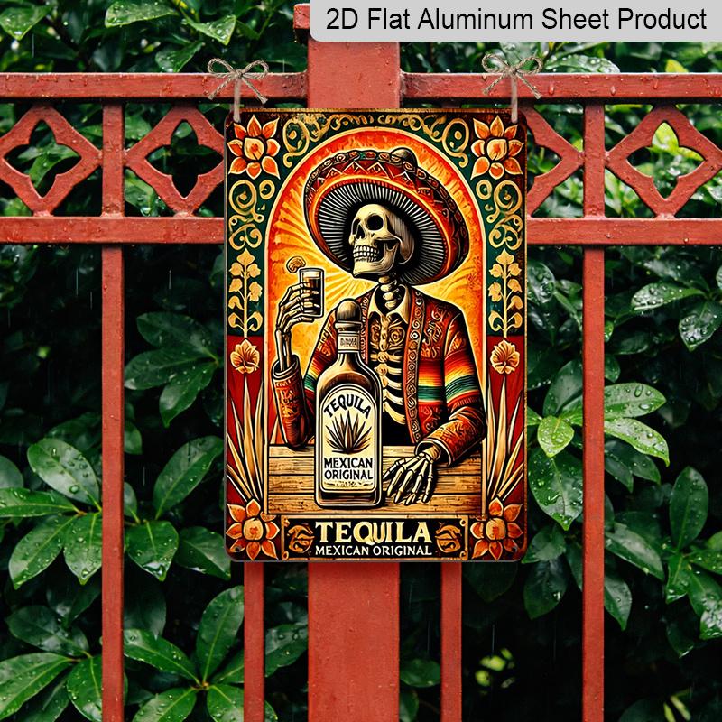 2D Flat - 1pc Vintage Tequila Metal Sign | Mexican-Themed Sombrero Skeleton & Tequila Bottle Art - Heavy-Duty Aluminum Poster - Easy Hang With