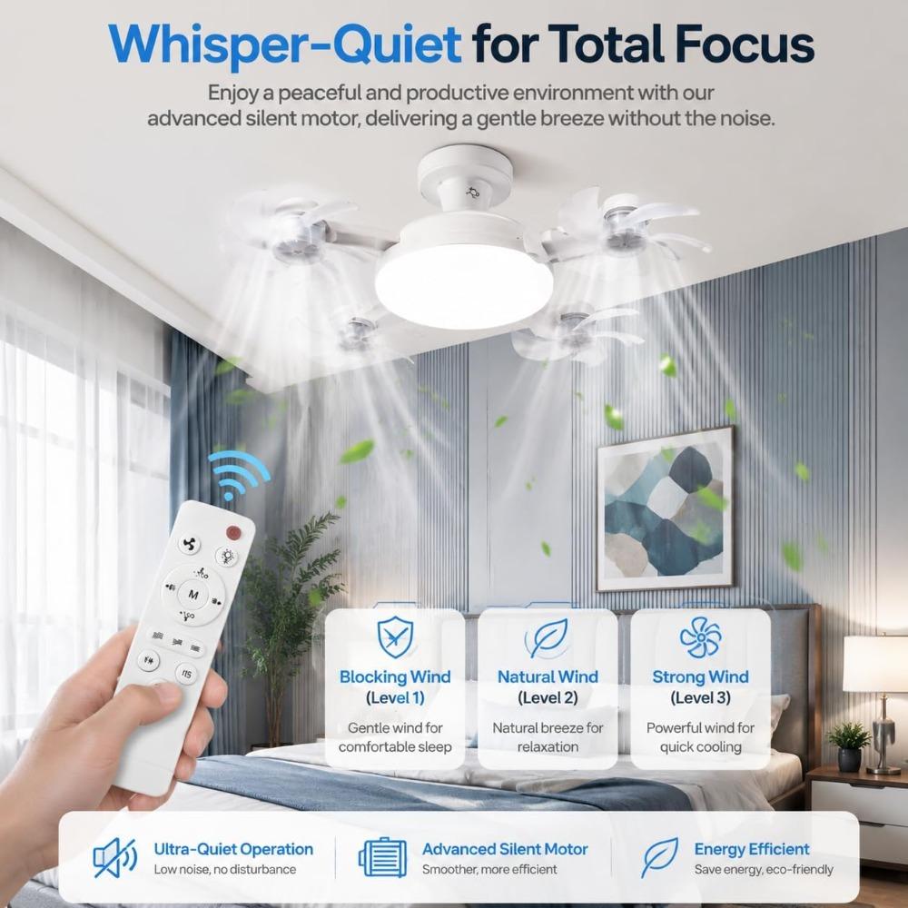 2-in-1 lamp fan light, spiral ceiling fan with controller (3 heads) | LED ceiling fan with foldable blades, 3 color temperatures, quiet breeze, 1 unit