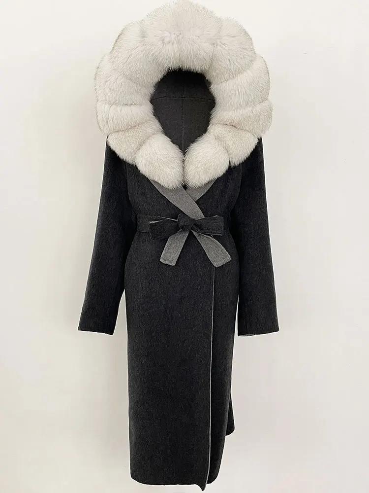 OFTBUY Winter Women Coat Real Natural Fox Fur Hooded Detachable Collar Double-faced Woolen Jacket Long Casual Elegant Overwears