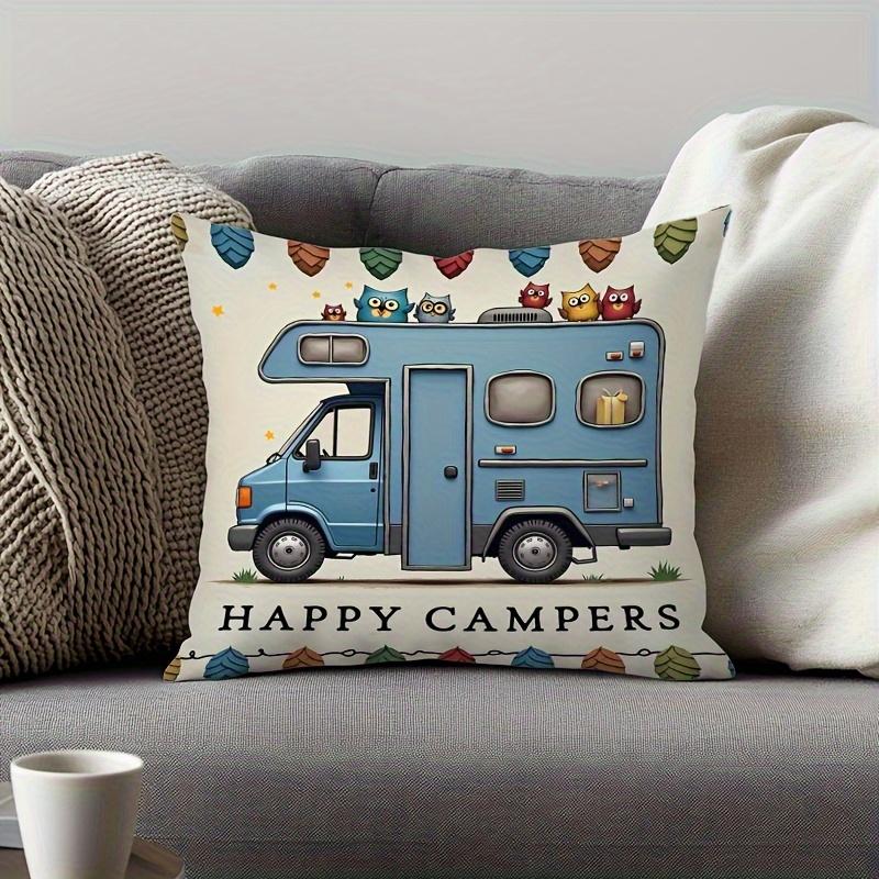 1Pc Happy Campers Rv With Owls Printed Throw Pillow Cover,Suitable For Sofa,Bedroom,Living Room,Fun Gift For Camping Enthusiasts