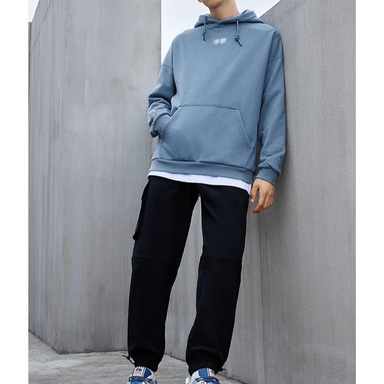 Li-Ning Sports Trend Series Solid Color Print Chinese Characters Letter Fleece-Lined Hoodie Long Sleeve Sweatshirt Unisex Sweatshirt Blue AWDSB19-5