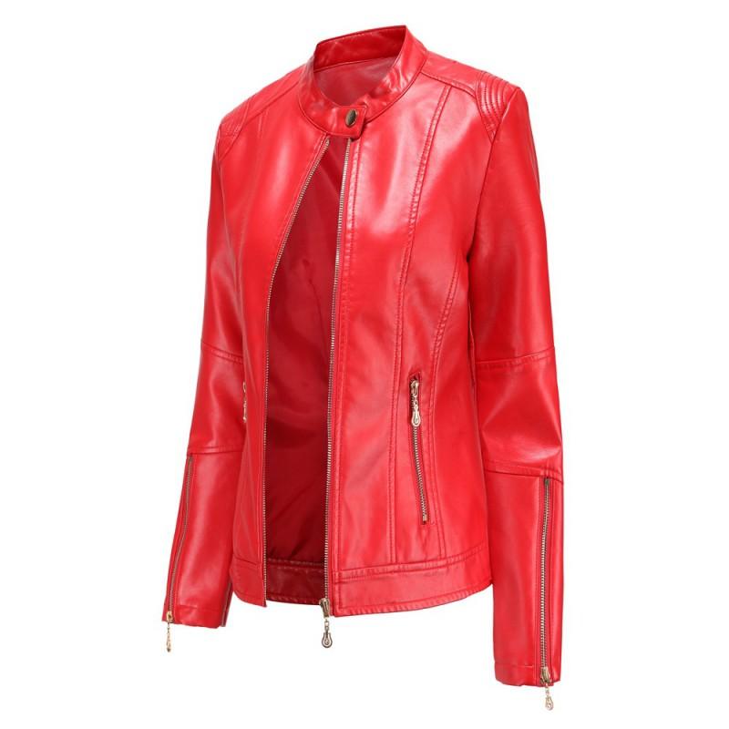 Womens PU Leather Short Jacket Stand Collar Slim Fit Casual Outerwear In Navy Blue