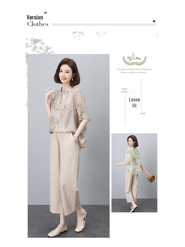 2024 Letní Dámský Národní Styl Bavlněno-Lněný Dvoudílný Set pro Křivky