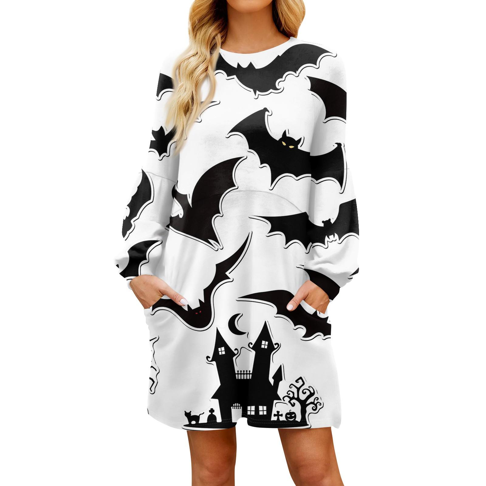 

Женские повседневные модные свободные платья с круглым вырезом и длинным рукавом на Хэллоуин с принтом L белый