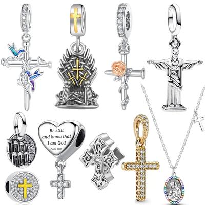Dijes de Cruz de Plata 925 Trono de Hierro Colgante de Jesús Collar Cristiano Cuentas Aptas para Pulseras Joyería Fina Regalo DIY