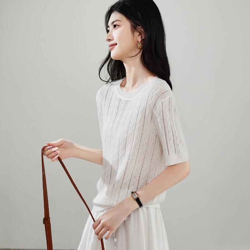 SOFSIL 2026 Spring Hollow Round Neck Short Sleeve Knit T-Shirt