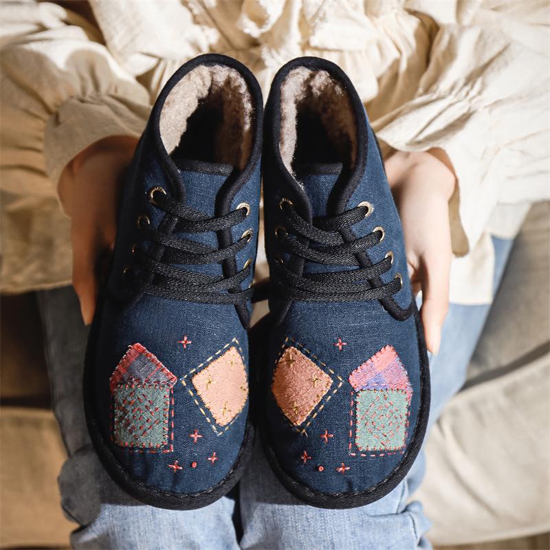 Johnature Plush Warm Cotton Shoes Handmade Embroidered Soft Sole Cloth Shoes Retro Women's Short Boots