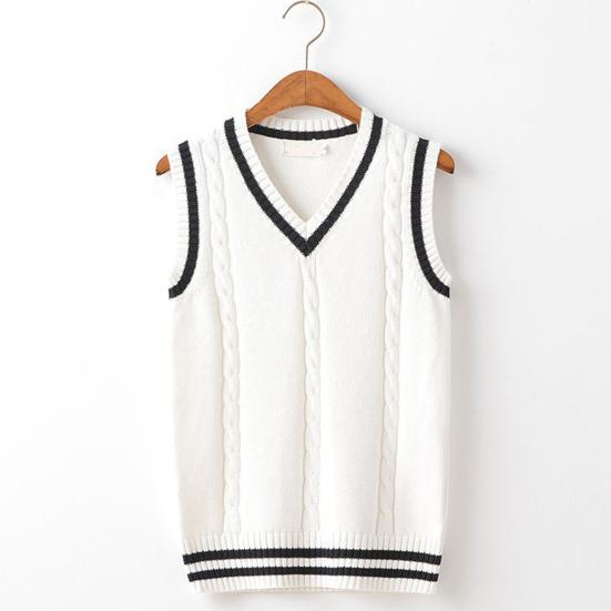 Unisex Sonbahar Kış V Yaka Kazak Yelek Kalınlaşmış Kolsuz Büküm Doku Çizgili Ekleme Kolej Tarzı Örgü Yelek