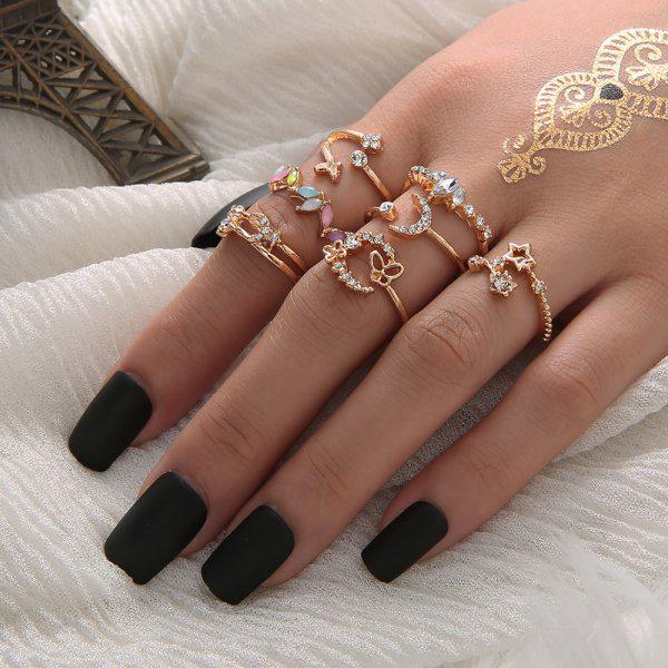 10-Piece Moon, Star, Leaf, and Love Rhinestone Ring Set