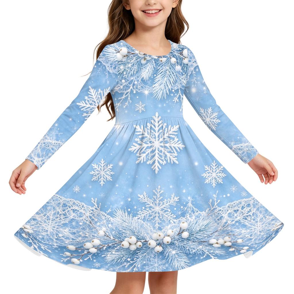 Kids Christmas Print Long Sleeve Dress for Holiday Parties and Everyday Wear