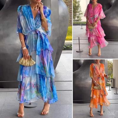 Women's Summer Chiffon Dress Printed Short Sleeve V Neck Flowy Maxi Dress Loose Layered Ruffle Lace-Up Long Dress
