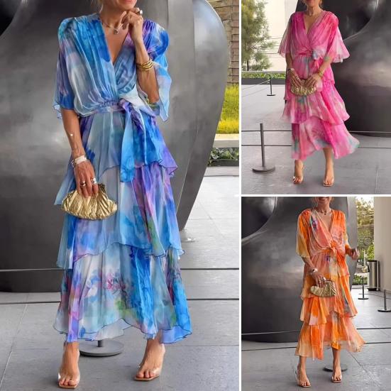 Women's Summer Chiffon Dress Printed Short Sleeve V Neck Flowy Maxi Dress Loose Layered Ruffle Lace-Up Long Dress