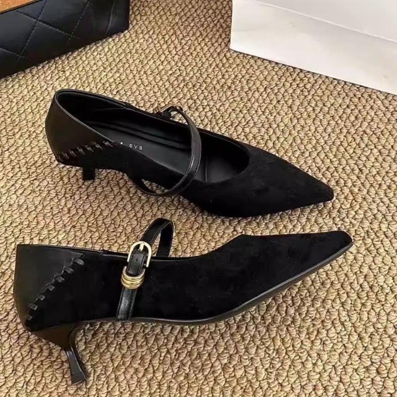 French Retro Pointed Toe Shallow Single Shoes Women's Spring and Autumn One-word Buckle Strap Versatile Kitten Heels