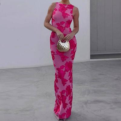 Vestido de Festa Feminino Sexy Bordado Floral Gola Redonda Alça Costas Nuas Sem Mangas Comprimento Longo Ajuste Slim