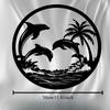 Tropical Dolphin Palm Tree Metal Wall Art Weatherproof Iron Sculpture Outdoor Garden Decor
