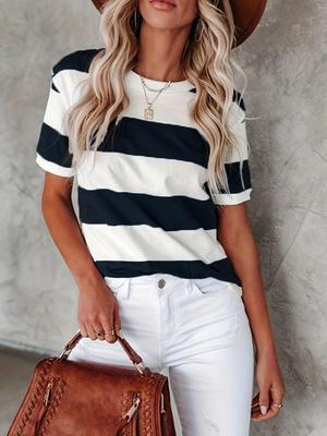 Women's Summer Striped Print Round Neck Casual T-shirt