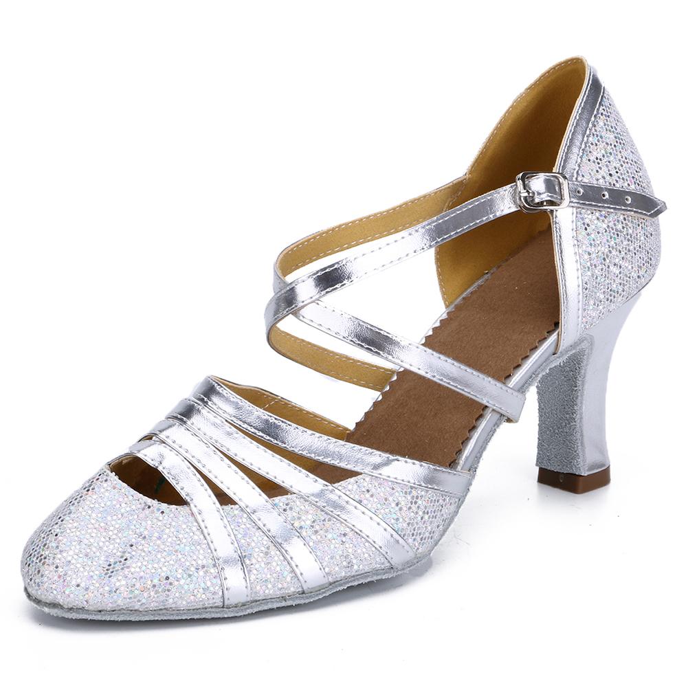 

Women Latin Dance Shoes Waltz Tango Salsa Modern International Standard Dance Shoes Heel 7cm Indoor 41 срібний