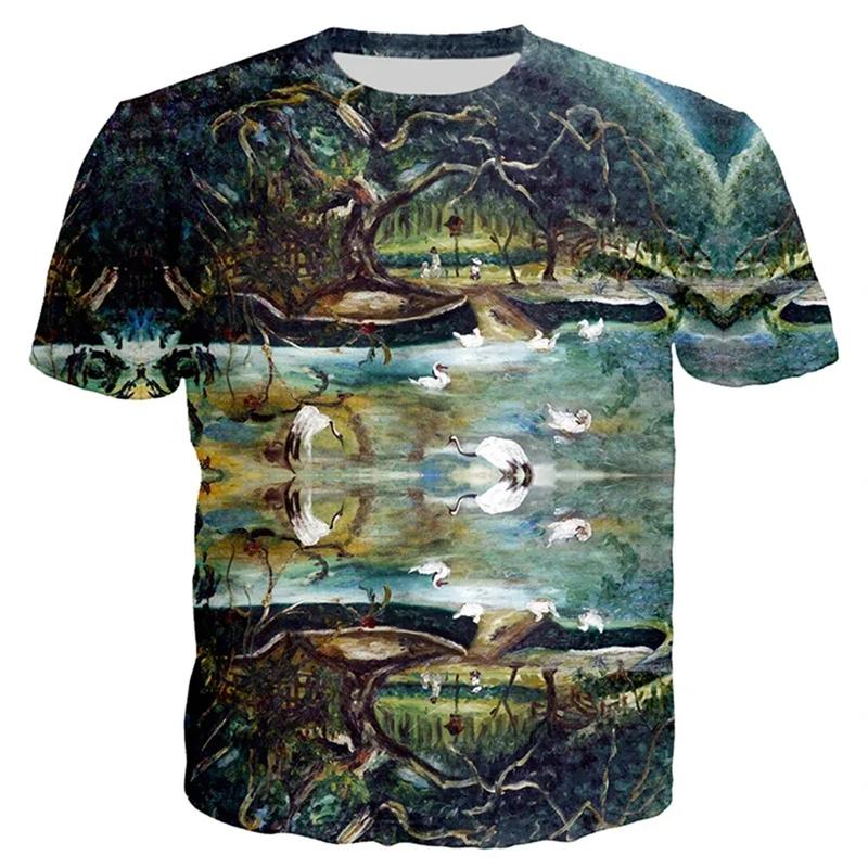 3D Printed New World Happy Garden T Shirt Men Oil Painting Graphic T-Shirts Fashion Short Sleeve Tops Oversized Round Neck Tees