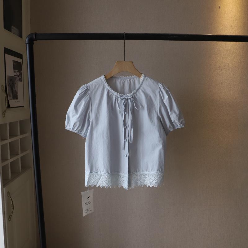 Bi Zheng 2025 Summer Korean Style Lace Patchwork Bubble Sleeve Tie-Up Shirt