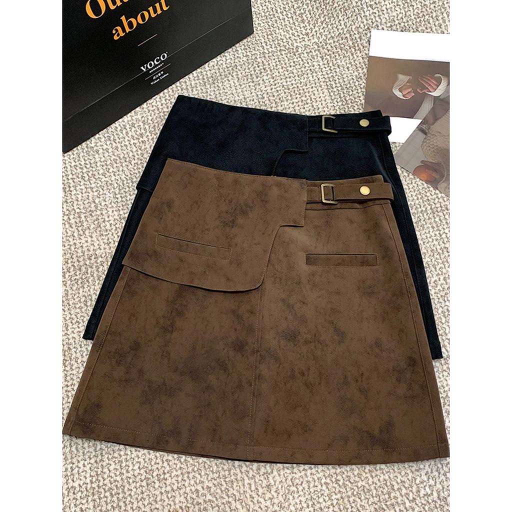 Plus Size Women's Brown Suede A-line High Waist Short Skirt for Spring & Autumn