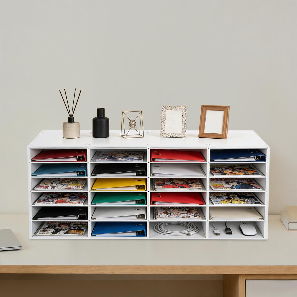 24-Slot Mail Sorter Organizer, White PVC Desktop File Sorter with Adjustable Shelves 6-Tier Stackable Document Holder for Office & Home