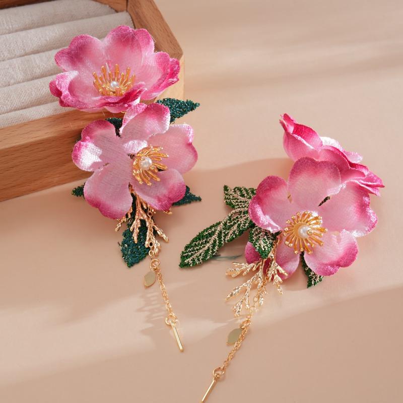 Boho Oversize Fabric Flower Dangle Earrings for Women Romantic Fairy Long Tassel Drop Earrings Wedding Vacation Jewelry K